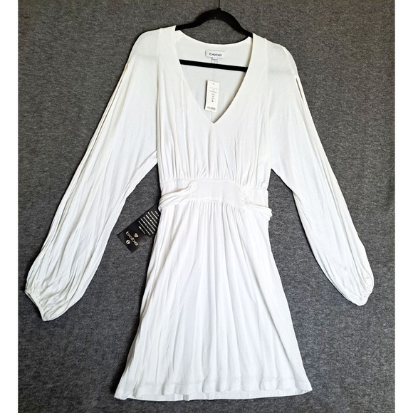Bebe White Dress Womens Small NWT Long Sleeve V Neck‎ Cutout Waist Casual Party - Picture 1 of 11